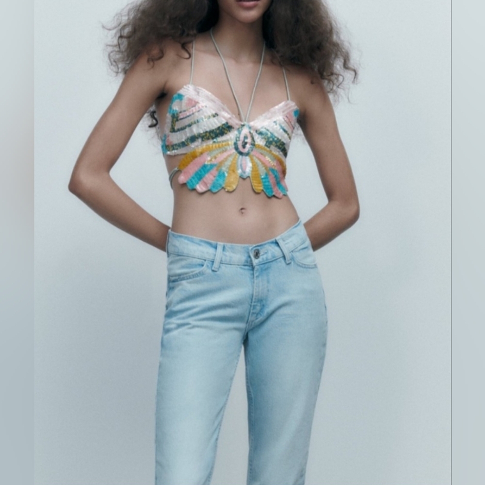 Zara Multicolor Sequin Butterfly Crop Top XS/S
